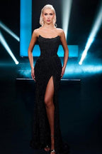 Fabuloso vestido de fiesta largo negro sin tirantes, sexy, con lentejuelas y abertura