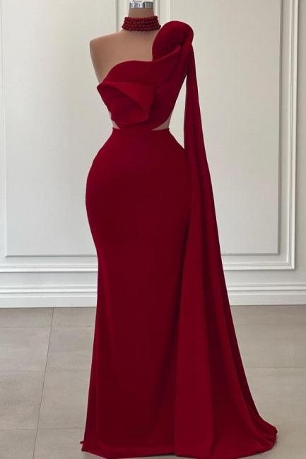 Fabelhaftes langes, burgunderrotes, einschultriges, ärmelloses Meerjungfrauen-Ballkleid mit Rüschen