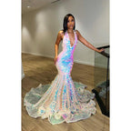 Vestido formal de noche de graduación con escote en V, sin mangas, espalda descubierta y lentejuelas, corte trompeta/sirena