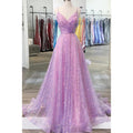 Vestido de fiesta morado con lentejuelas, encaje, escote en V y corte A con purpurina 