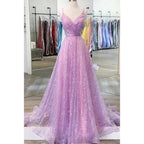 Vestido de fiesta morado con lentejuelas, encaje, escote en V y corte A con purpurina 