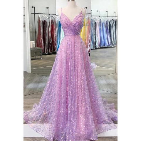 Purple Sequins Lace V-neck A-line Prom Dress Glitter