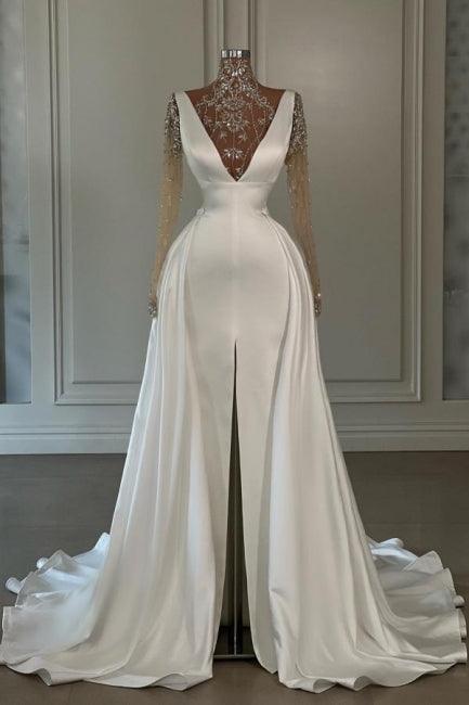 Modisches langes weißes A-Linien-Ballkleid mit hohem Halsausschnitt, Spitze, Glitzer, Schlitz vorne und langen Ärmeln