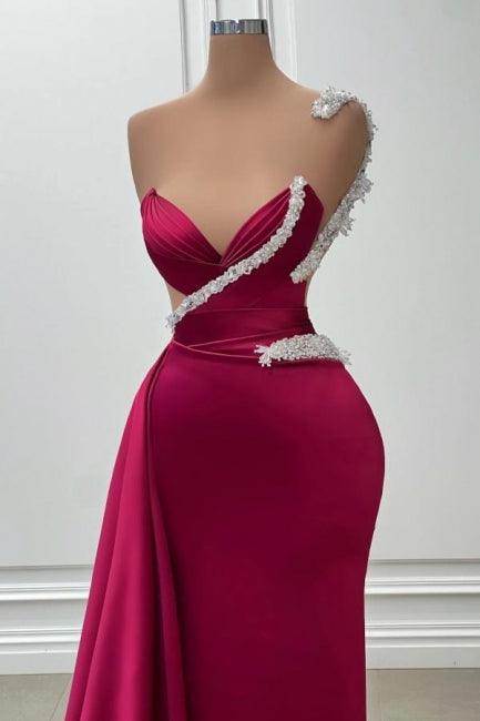 Modisches langes Burgunder Meerjungfrau One-Shoulder Perlen Satin Ballkleid