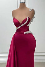 Modisches langes Burgunder Meerjungfrau One-Shoulder Perlen Satin Ballkleid
