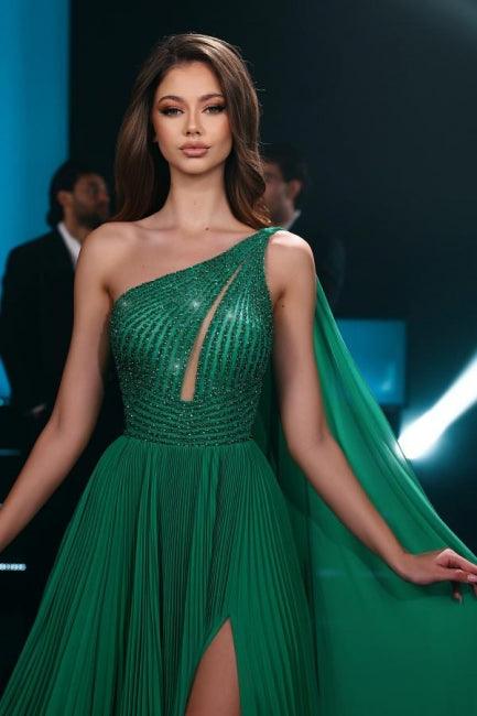 Modisches langes smaragdgrünes A-Linien-Ballkleid mit einer Schulter aus Chiffon und Perlenbesatz mit Schlitz