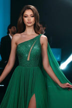 Modisches langes smaragdgrünes A-Linien-Ballkleid mit einer Schulter aus Chiffon und Perlenbesatz mit Schlitz