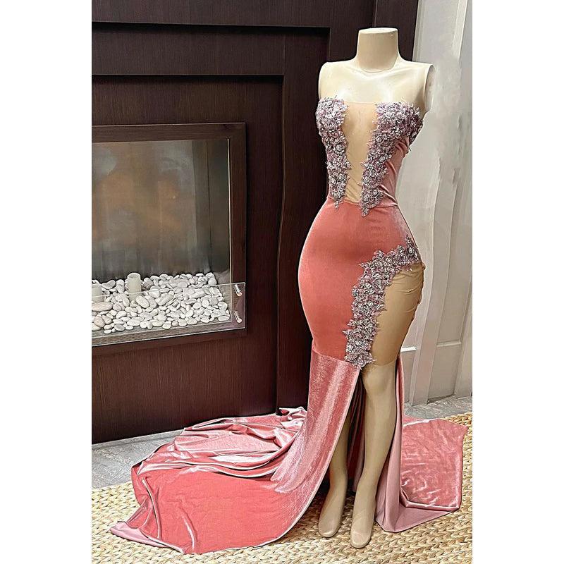 Elegante y lujoso vestido de fiesta de sirena sin mangas con hombros descubiertos y abertura lateral alta