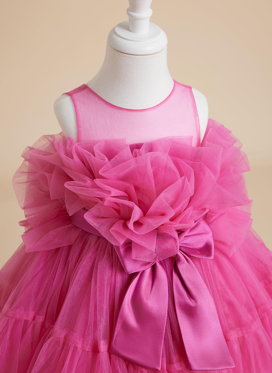 Vestido de niña de flores de tul rosa, sin mangas, con lazo, estilo princesa (010224355) 