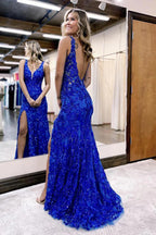 Vestido de fiesta sirena con escote en V, lentejuelas y encaje con abertura