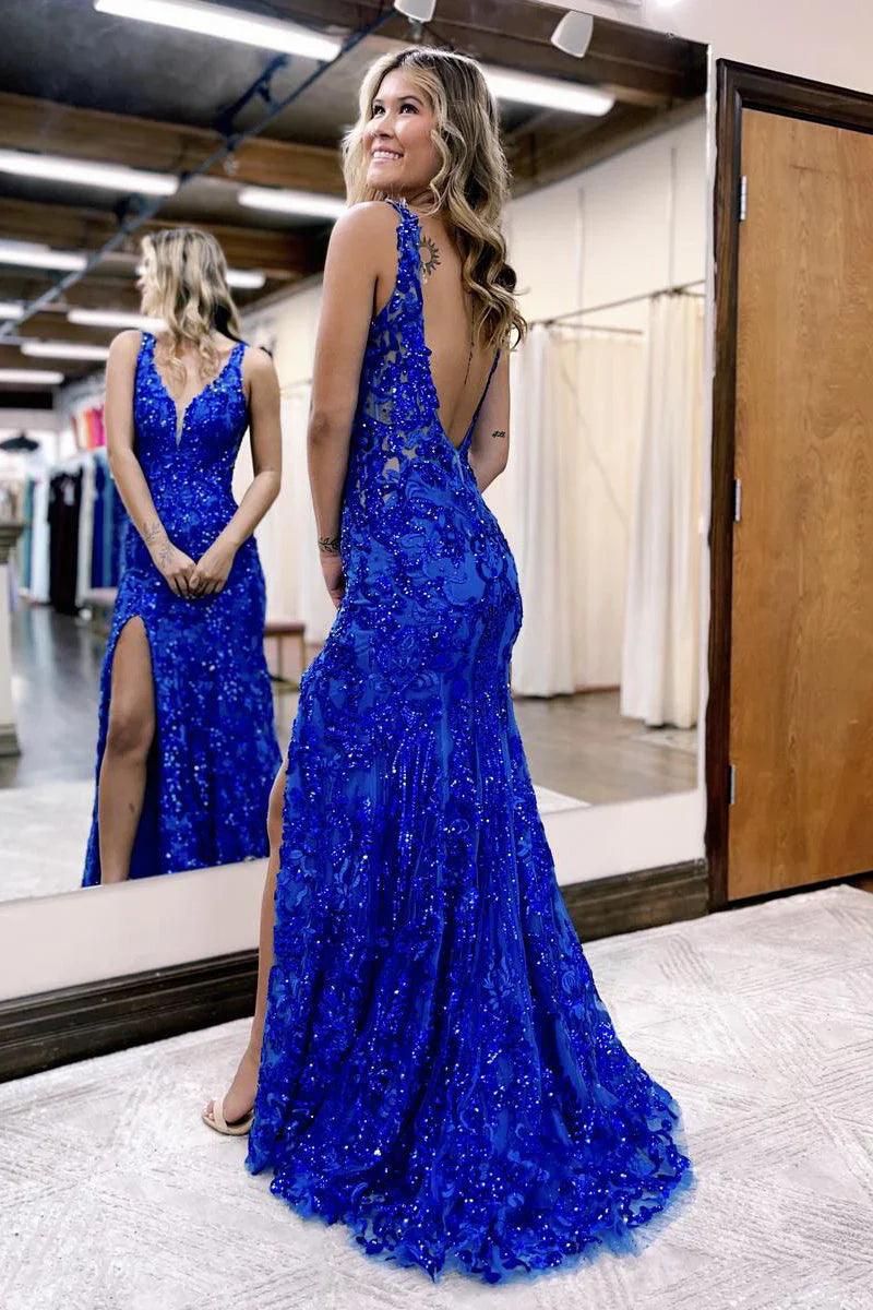 Vestido de fiesta sirena con escote en V, lentejuelas y encaje con abertura