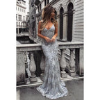 Vestido formal de noche de graduación sin mangas con apliques de tul y escote en V de corte trompeta/sirena