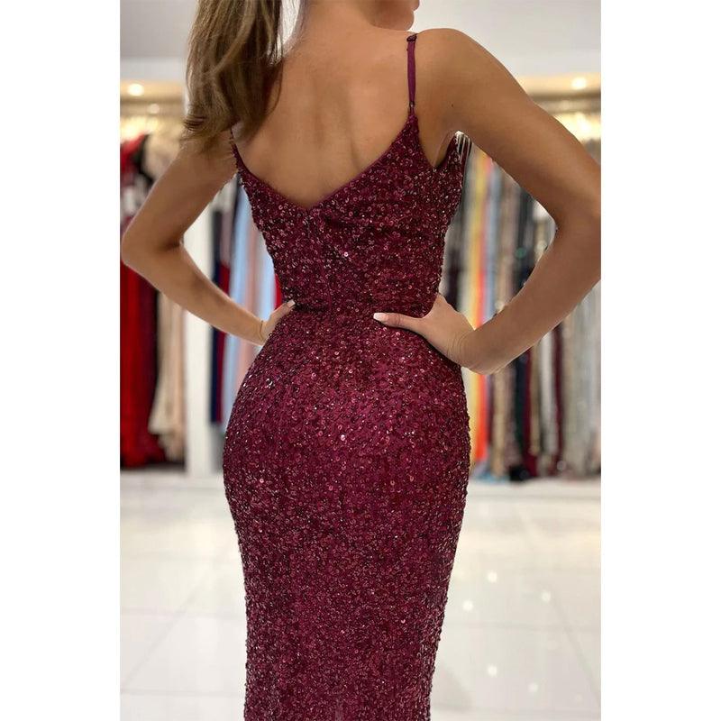Vestido de fiesta de sirena con abertura alta y lentejuelas burdeos con tirantes finos para mujer con purpurina 