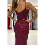Vestido de fiesta de sirena con abertura alta y lentejuelas burdeos con tirantes finos para mujer con purpurina 