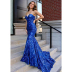 Vestido de fiesta de sirena con encaje y lentejuelas azul real 