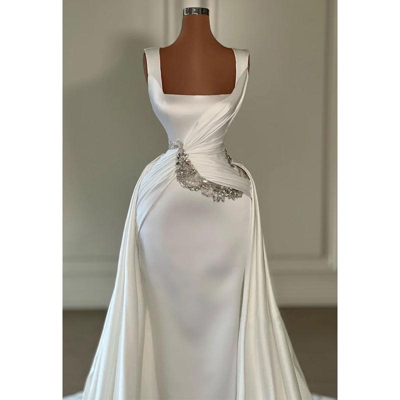 Vestido de fiesta de noche con cola larga, corte A, escote pronunciado, pliegues y cuentas cuadradas 