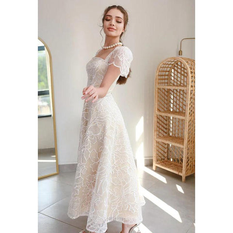 Vestido de fiesta de noche con escote cuadrado, mangas de copa, estampado de tul, corte A, largo hasta la rodilla 