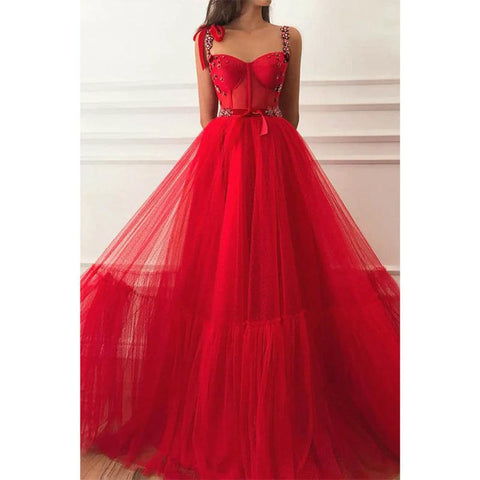 Red Tulle Beaded Straps A-line Long Prom Dress with Pockets