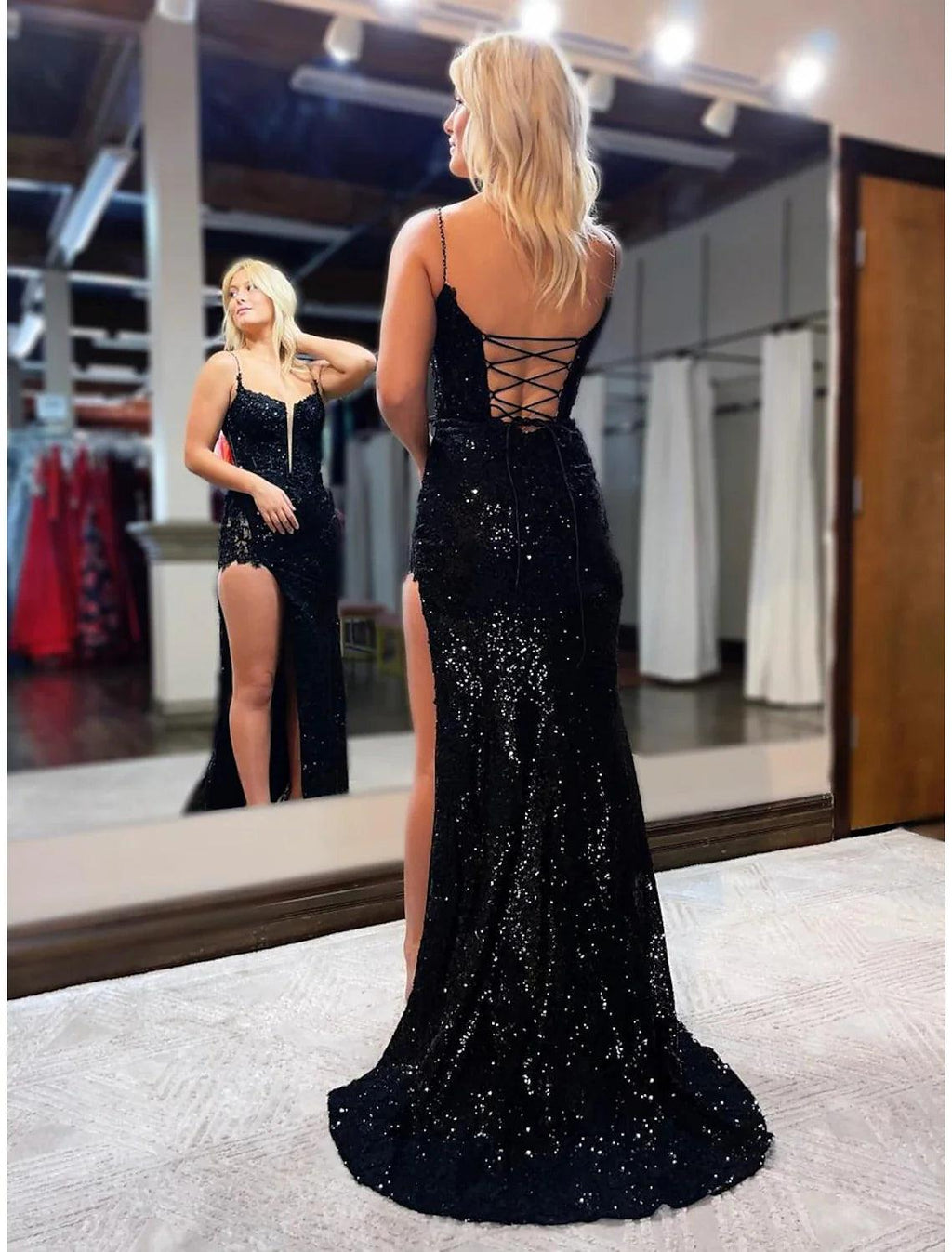Vestidos de fiesta de sirena/trompeta, brillantes y con brillo, formales, para bodas, con cola larga/cepillo, sin mangas, tirantes finos, con lentejuelas, espalda descubierta y cuentas, abertura con lentejuelas