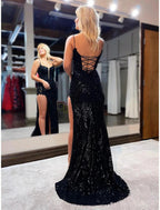Vestidos de fiesta de sirena/trompeta, brillantes y con brillo, formales, para bodas, con cola larga/cepillo, sin mangas, tirantes finos, con lentejuelas, espalda descubierta y cuentas, abertura con lentejuelas