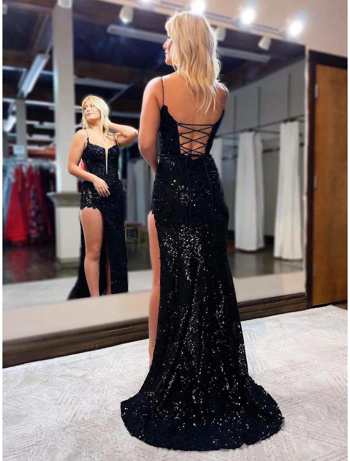 Vestidos de fiesta de sirena/trompeta, brillantes y con brillo, formales, para bodas, con cola larga/cepillo, sin mangas, tirantes finos, con lentejuelas, espalda descubierta y cuentas, abertura con lentejuelas