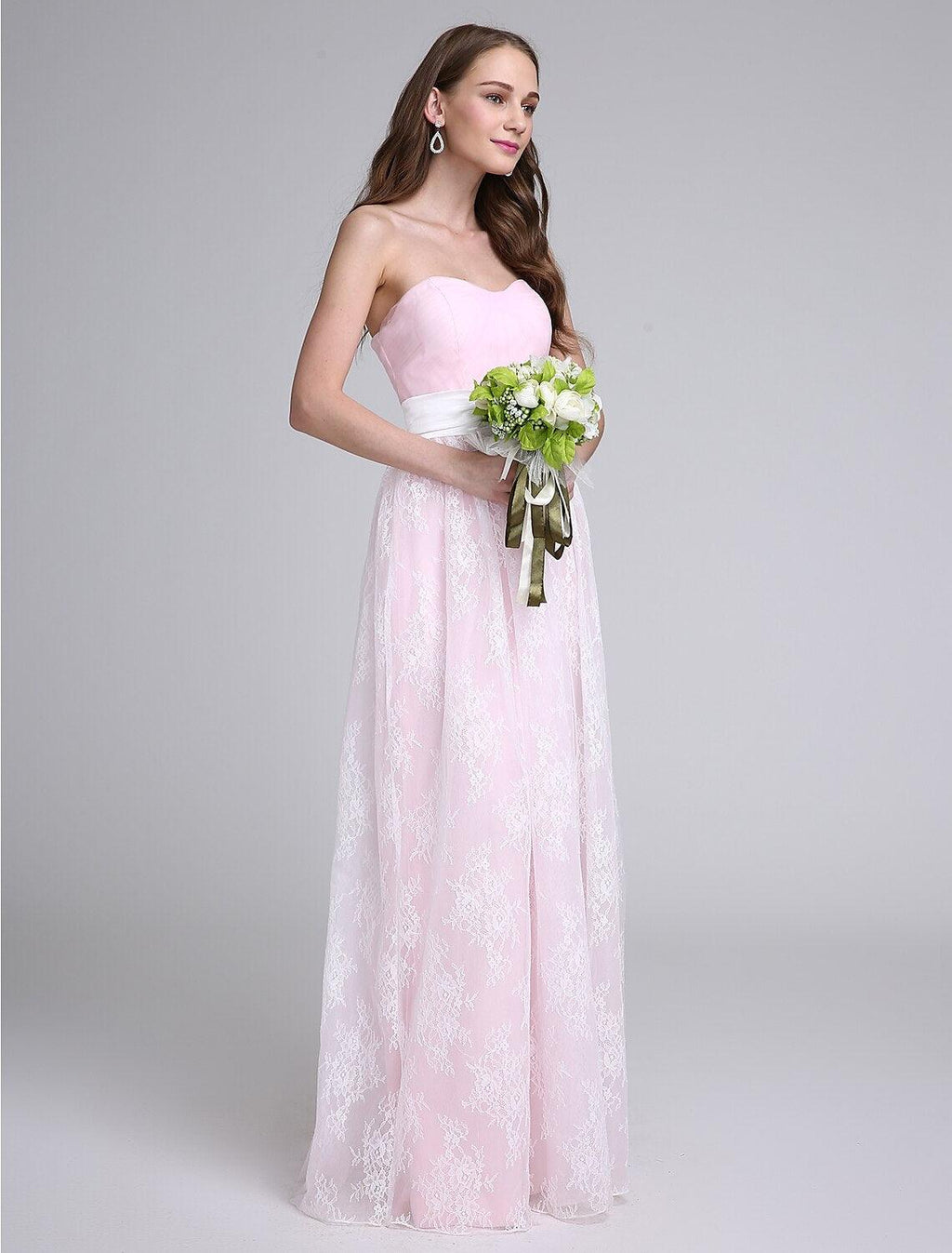 Sheath / Column Bridesmaid Dress Strapless Sleeveless Elegant Floor Length Lace / Tulle with Lace / Sash / Ribbon / Criss Cross