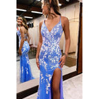 Vestido de fiesta largo de encaje sirena azul brillante con abertura