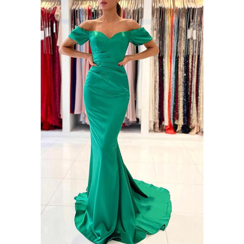 Sweetheart Pleats Short Sleeves Mermaid Prom Formal Gowns
