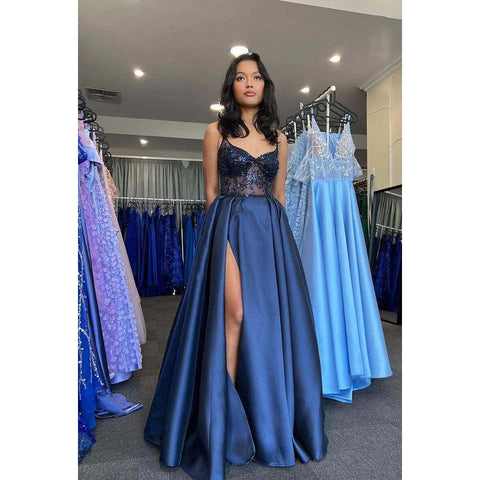 V-Neck Sequins Beaded Satin A-Line Long Prom Gown With Slit