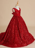 Deslumbrante vestido de princesa con lentejuelas rojas, escote en V y cola de corte para niñas 