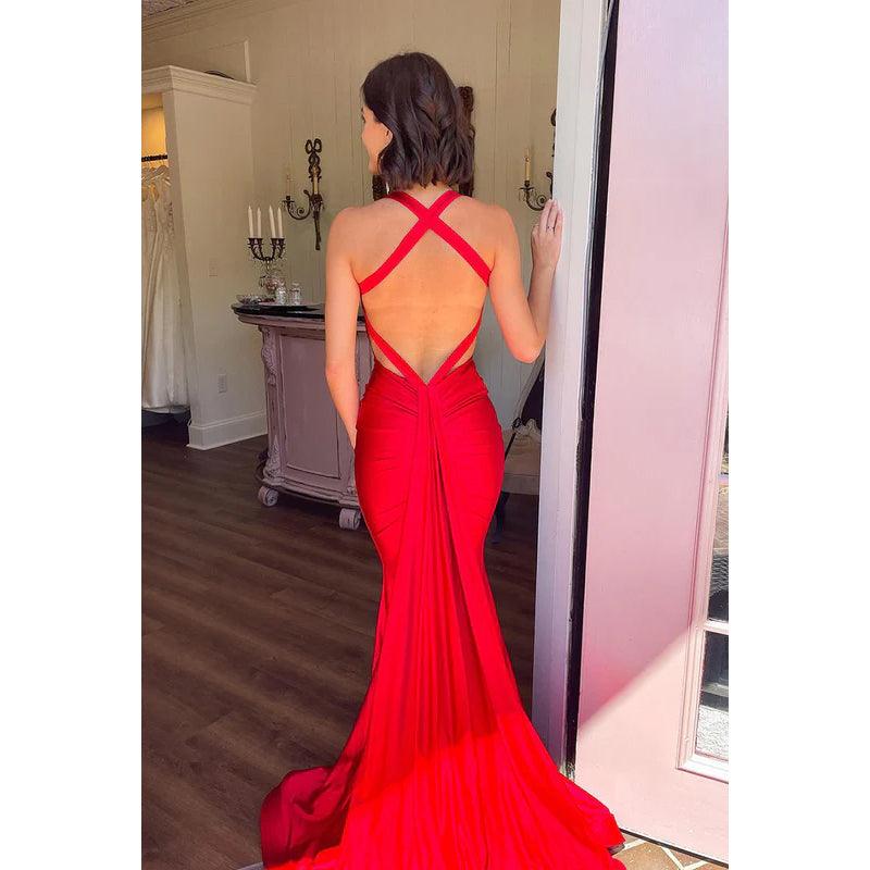 Vestido de fiesta de noche con escote en V, espalda cruzada y tirantes de sirena, sexy y atractivo