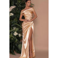 Sheath/Column Off-Shoulder Satin Pleats Split Sleeveless Prom Dress