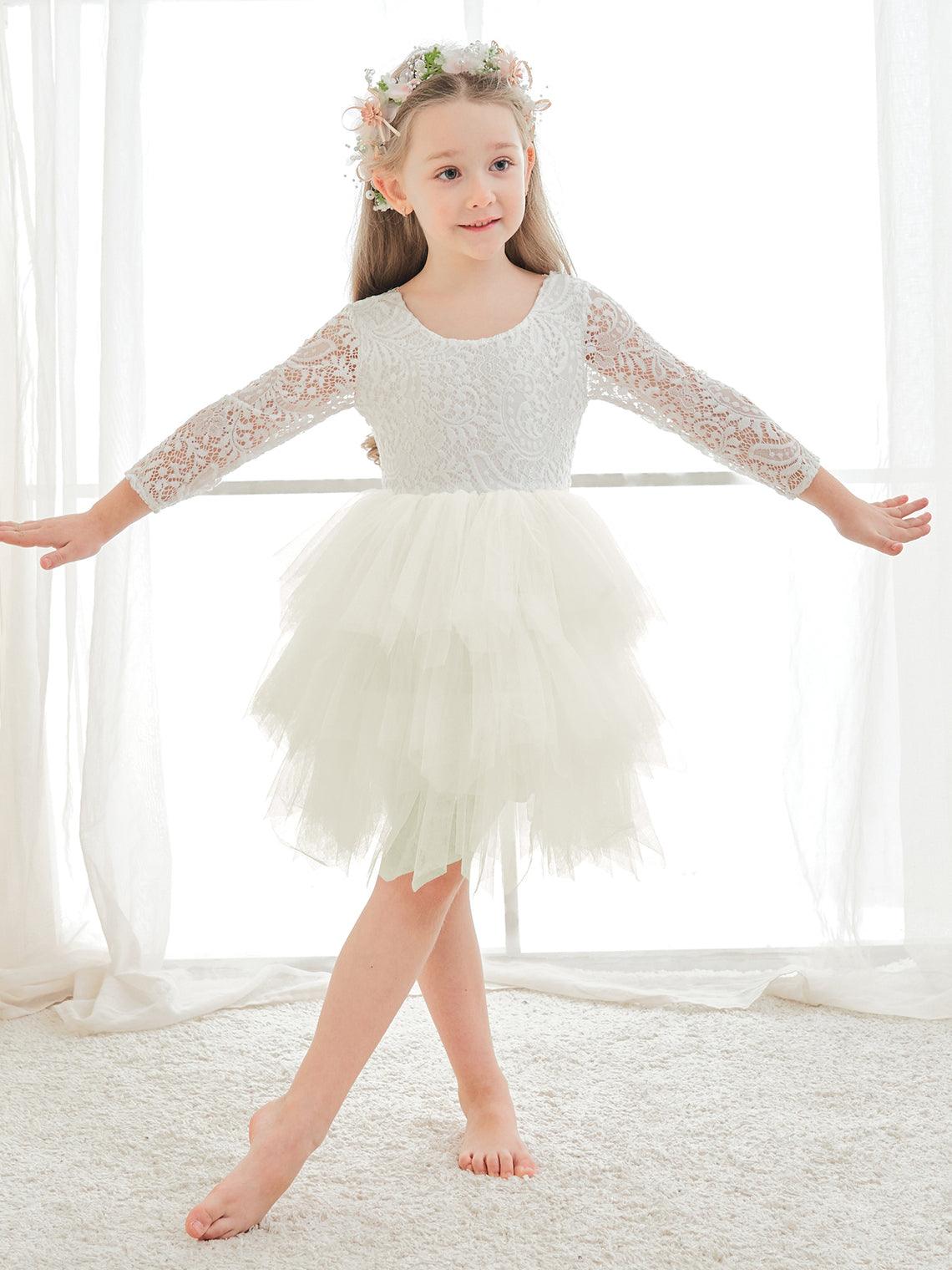 Vestido blanco de tul con encaje hasta la rodilla (2003227580) 