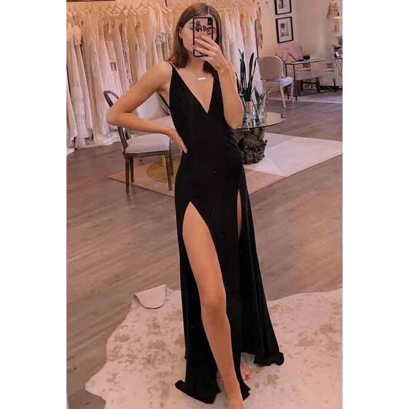 Tiefer V-Ausschnitt, Spaghettiträger, rückenfreies, langes Ball-/Abendkleid mit Schlitz