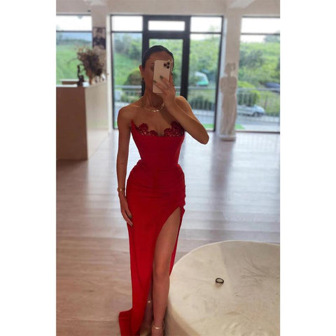 Sexy V Neck Side Slit Burgundy Long Prom Formal Dress