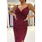 Vestido de fiesta de sirena con abertura alta y lentejuelas burdeos con tirantes finos para mujer con purpurina 
