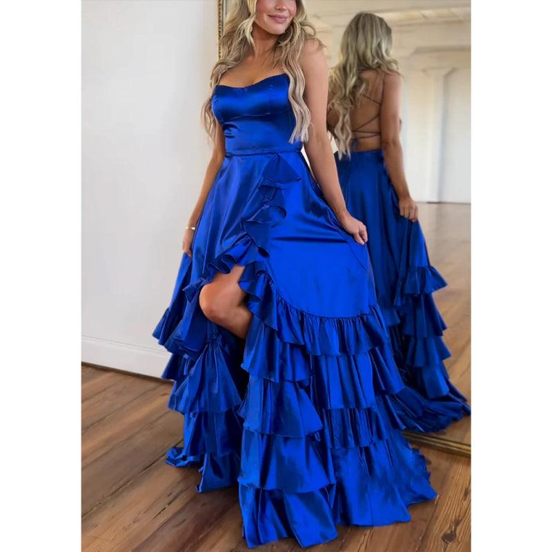 Vestido de noche para fiesta, graduación, corte A, con tirantes finos, capas y abertura lateral 