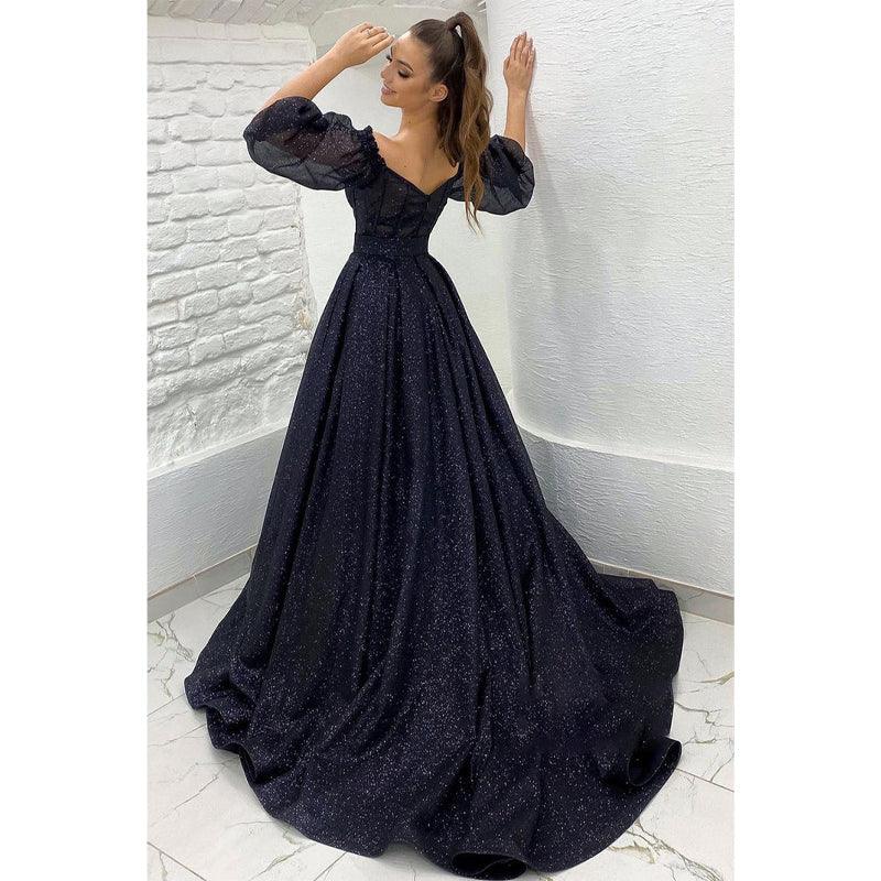 Einzigartiges schulterfreies, funkelndes Ballkleid mit halblangen Ärmeln 
