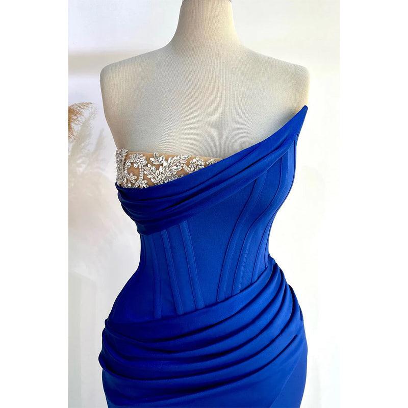 Vestido de noche para fiesta de graduación sin tirantes, con cuentas, corte trompeta fruncido y abertura lateral 