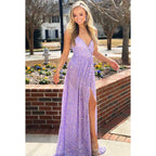 V-Neck Sequined Sparkly A-Line Long Prom Dress With Slit