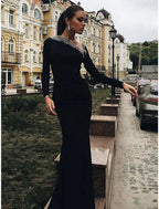 Mermaid / Trumpet Evening Gown Open Back Dress Wedding Guest Engagement Floor Length Long Sleeve V Neck Stretch Fabric with Crystals Beading