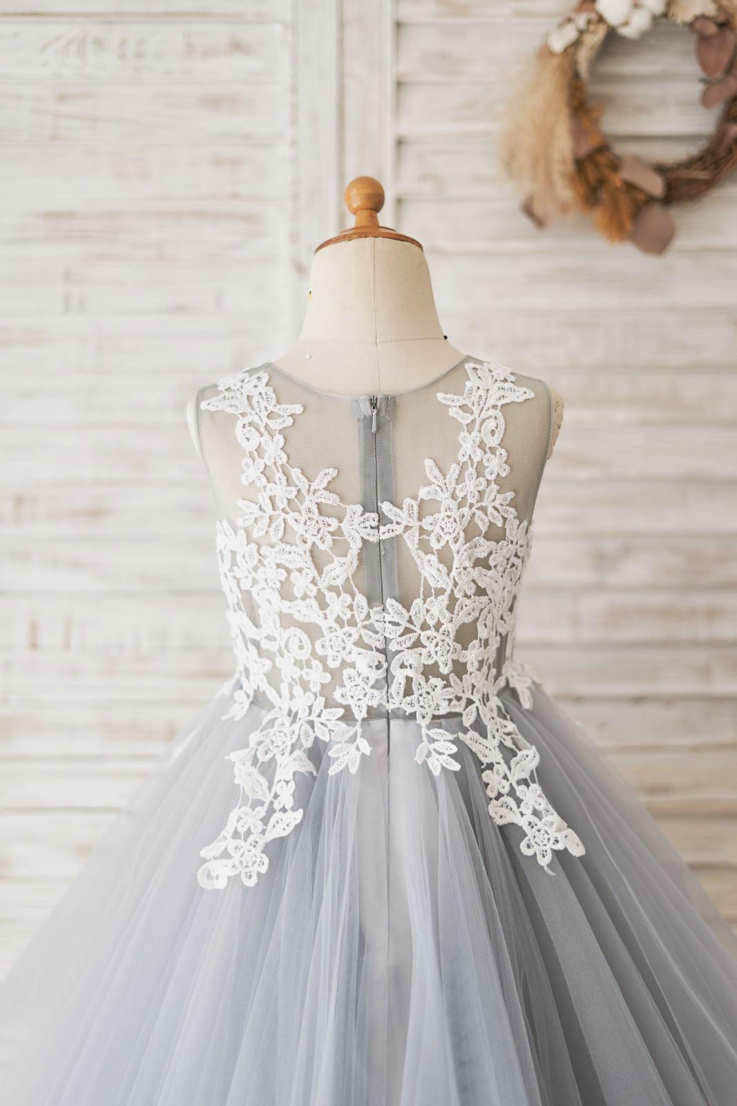 Vestido de niña de las flores azul hasta el suelo con tul y encaje 