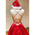 Rotes, schlichtes Ballkleid aus Satin mit V-Ausschnitt, Spaghettiträgern und Taschen 