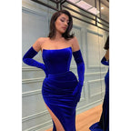 Vestido de fiesta formal largo con tirantes únicos de terciopelo plisado y abertura alta sexy