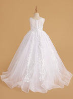 Vestido de princesa rosa para niña con apliques de encaje 