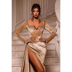 Square Neck Long Sleeves Beaded Cut Outs Prom Evening Dress With Slit