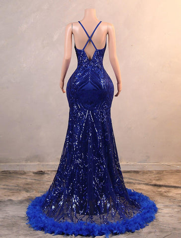 Meerjungfrau/Trompete Abendkleid Luxuriöses Kleid Karneval Bodenlang Ärmellos Spaghettiträger Afroamerikaner Pailletten mit Federstickerei