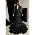 Vestido de fiesta de corte trompeta/sirena con escote en V, encaje, lentejuelas, cremallera y mangas largas para una noche negra