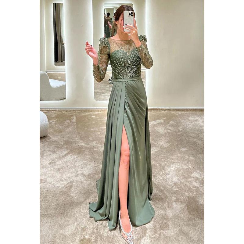 Vestido de noche largo de fiesta con cuello redondo, mangas largas y cuentas, corte A