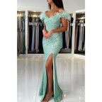 Sheath/column Off Shoulder Sequins Fethers Long Prom Formal Dress with Slit